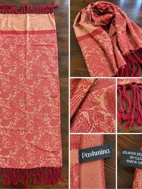 Pashmina Red Gold Paisley Scarf Wrap Shawl Fringe 50% Rayon 50% Acrylic